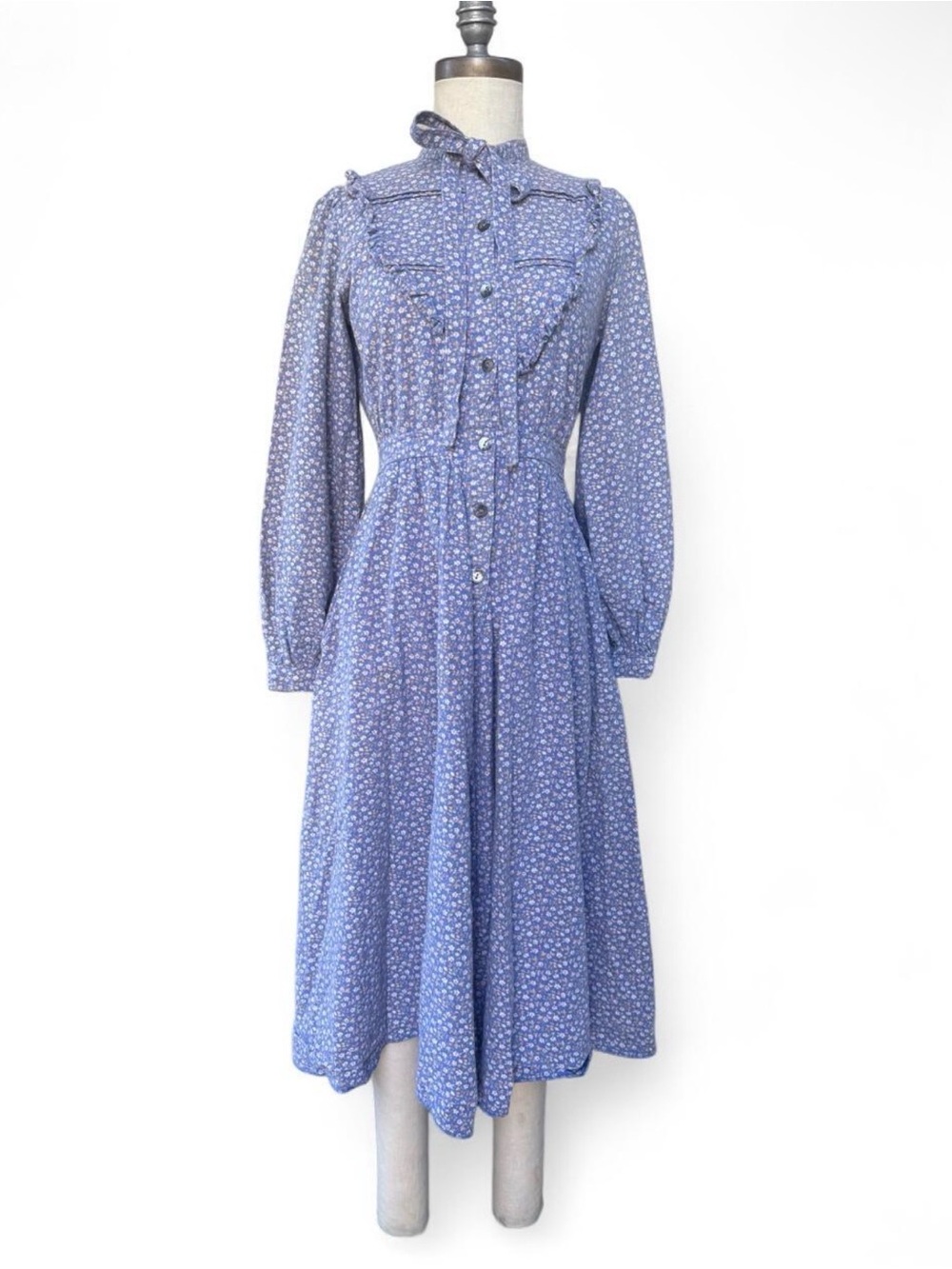 Vintage Laura Ashley Wales Prairie Dress 1970s Ditsy Floral Cottagecore Blue 12